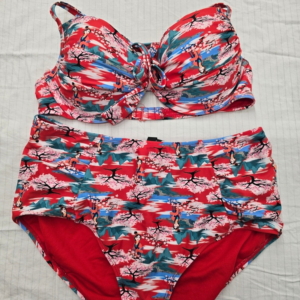 Disney Mulan High Waisted Bikini Set Red Cherry Blossom Underwire Padded Large